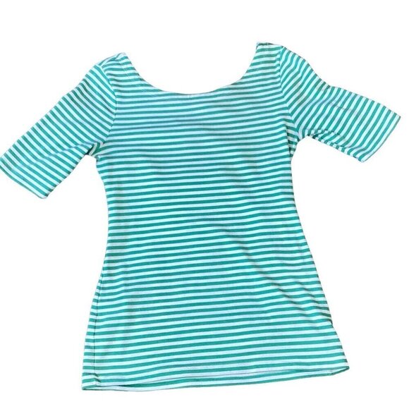 Banana Republic Green & White Striped Tee Top Half-Sleeve Boat Neck Sz M #113T - Picture 1 of 8